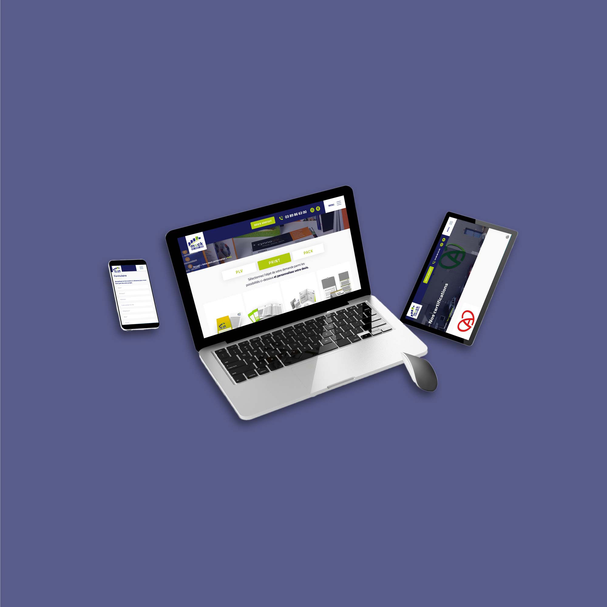 Mockup smartphone, ordinateur portable et tablette du site de l'imprimerie Mack