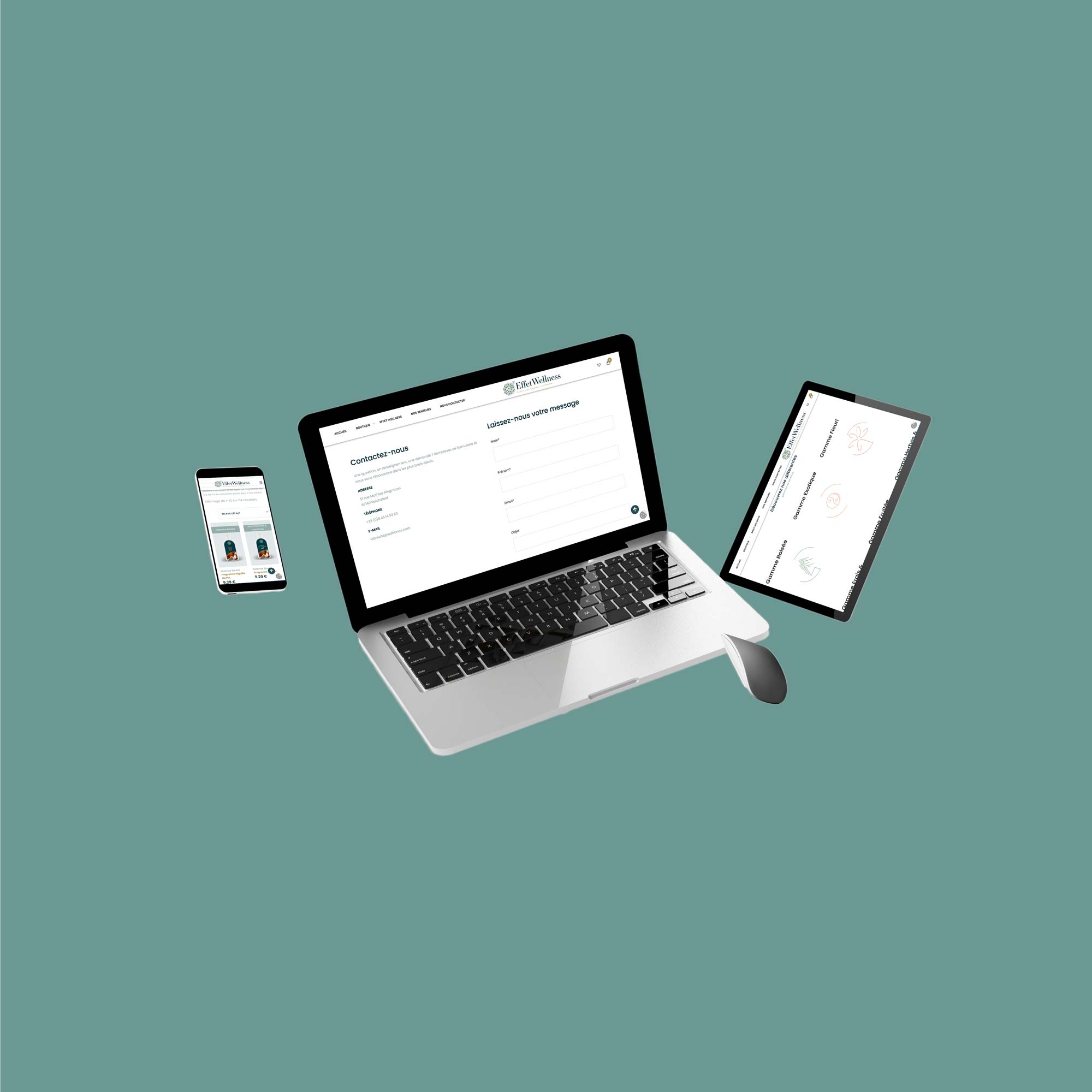 Mockup smartphone, ordinateur portable et tablette du site internet d'Effet Wellness